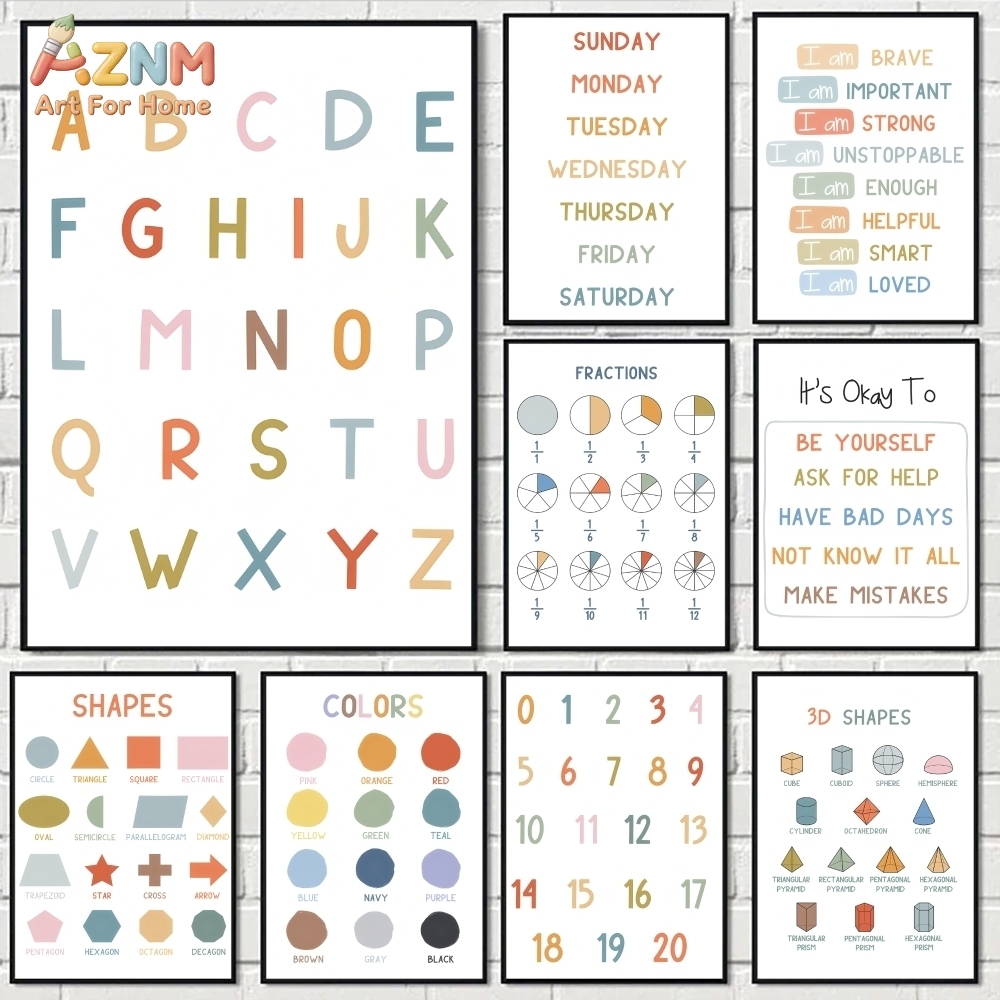 Kids Education Alphabet Numbers - AZNM Pädagogisches Alphabet-Zahlen-Wandbild auf Leinwand, Lernposter