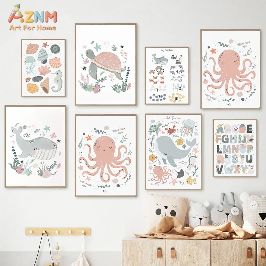 Kids Education Number - AZNM Kinderzimmer-Wandkunst mit Meerestieren, Leinwanddruck mit