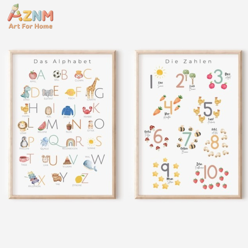Kids Education Number - AZNM Leinwand-Wandkunst mit deutschem Alphabet und